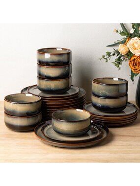 Mocha Brown Terra Ceramic Dinnerware Set For 8, 24-Piece Plates And Bowls Sets